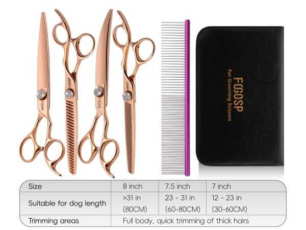 Rose Gold Titanium Dog Grooming Scissors Set 4PCS Curved Thinning Straight Chunkers Shears Kit with White Artificial Diamonds Ergonomic Offset Handle Japan 440C Sharp and Durable - size: 8 inch, style: Dog Scissors Kit
