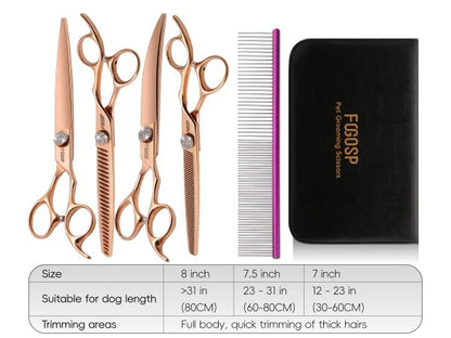 Rose Gold Titanium Dog Grooming Scissors Set 4PCS Curved Thinning Straight Chunkers Shears Kit with White Artificial Diamonds Ergonomic Offset Handle Japan 440C Sharp and Durable - size: 8 inch, style: Dog Scissors Kit