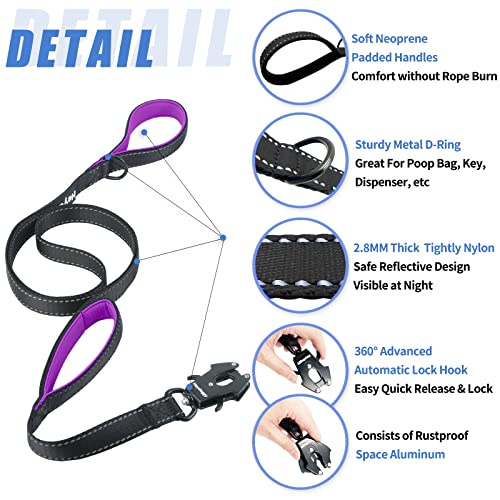 Strong Heavy Duty Dog Leash - 4ft Reflective Nylon Training Leash with Soft Padded Double Handle & Auto Lock Frog Clip - Safety Traffic Control for Large Medium Small Dog No Pull Walk Black Purple,4ft - color: Black Purple, size: 4FT x 1" x 2.8MM