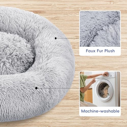 FluffyDream 20 inch Round Donut Bed, Plush Fur Cuddle Bed for Dogs and Cats, Grey, Washable - color: Grey, size: Donut - 20''L x 20''W x 8''H