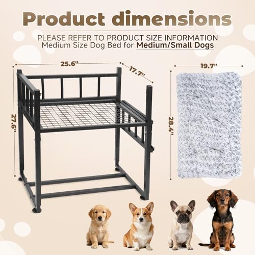 Beside Dog Bed and Mattress Set - Metal Three-Sided Fence Pet Dogs Bed Frame, Adjustable Height Dogs Bed Extension Attachment for Human Bed, for Small/Medium Puppy(25.5''L x 17.7''W)