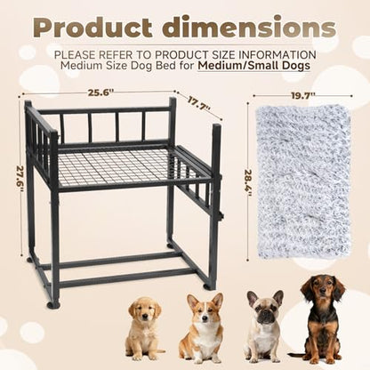 Beside Dog Bed and Mattress Set - Metal Three-Sided Fence Pet Dogs Bed Frame, Adjustable Height Dogs Bed Extension Attachment for Human Bed, for Small/Medium Puppy(25.5''L x 17.7''W)