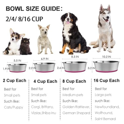 Deep Stainless Steel Non-Skid Dog and Food Bowls, Each Holds Up to 2 Cups - color: Blue&Roes Red, size: 2 Cup for Small Pet