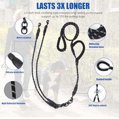 Dual Dog Leash,Two Way Dog Leash, Small Dogs, and Medium Dogs,Exceptional 360° Anti-Tangle & No Pull Double Leash - Double Handle & Reflective Double Dog Leash for Safety & Convenience (Black, 4 Way) - color: Black, size: 4 Way