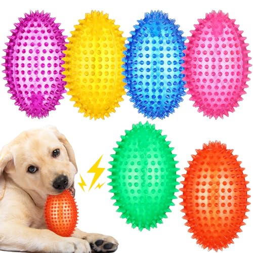 Gemscream 6 Pcs 4.5'' Spiky Squeaker Football Dog Toy for Medium Large Dogs Heavy Duty Rubber Chew Toys for Aggressive Chewers Spiky Ball Fetch for Training Clean Teeth Outdoor - style: Classic