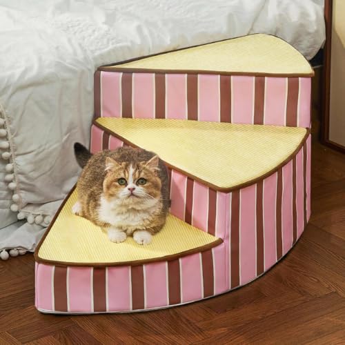 Curved Dog Stairs for Small Dogs & Cats – Pet Steps with Non-Slip Textured Surface, Removable Washable Cover & High-Density Foam(Pink,3-Step) - color: Pink, size: 3-Step