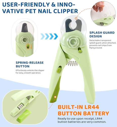Pet Nail Clipper with Light for Cats & Small Dogs Puppies, Ultra Bright LED to Illuminate Nail Bloodline to Avoid Over Cutting, Extra-Sharp and Durable Cat Claw Trimmer with Nail File (Green) - color: Green