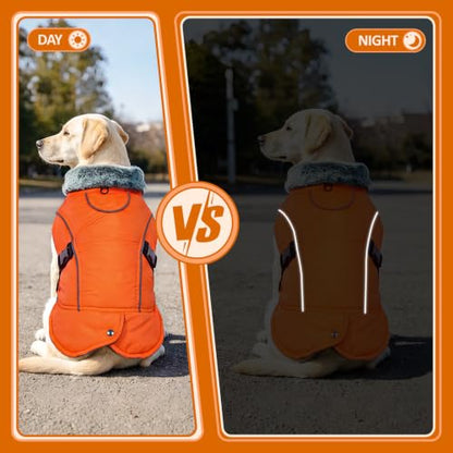 DENTRUN Warm Dog Winter Coat, Easy On Reflective Turtleneck Fleece Jacket | Adjustable buckle, easy on off, windproof & water-repellent, thick fleece snowsuit, outfit fits small to large breeds - color: Orange, size: Small