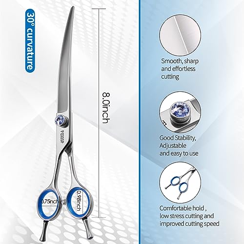 Left Handed Curved Scissors for Dog Grooming Professional 8 inch Long Downward Curved Shears Grooming for Poodle Large Dogs Pet 30°Japanese 440C Stainless Steel (8.0 curved) - size: 8.0 inch, style: Curved Shears