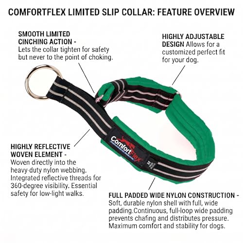 ComfortFlex Limited Slip Martingale Collar, Medium, Kelly Green | American made, designed, cut, assembled, sewn in USA, wide escape proof martingale design, premium padding, gentle control - color: Kelly Green, size: Medium