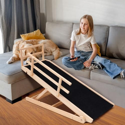 Dog Ramp for Bed, Adjustable Pet Ramps for Dog to Get on Bed, Non-Slip Rubber Surface - Folding Wooden Dog Ramp for Small/Large/Old Dogs, Adjustable up to 23.5 inch High Beds, Safety Railings - size: M-for 23.6''H Bed