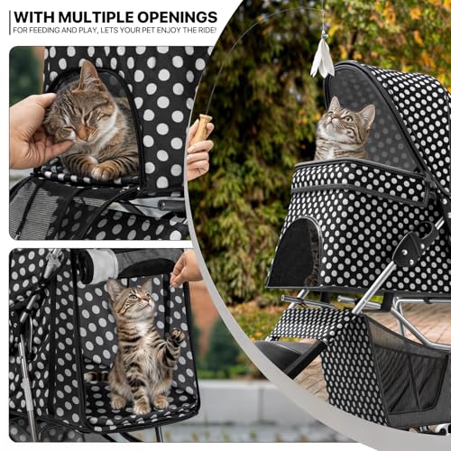MoNiBloom 3 Wheels Pet Dog Cat Stroller for Small Medium Dogs Cats, Foldable Jogger Stroller w/Storage Basket and Cup Holder, Black Polka Dots - color: Black Polka Dots