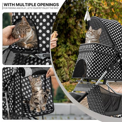 MoNiBloom 3 Wheels Pet Dog Cat Stroller for Small Medium Dogs Cats, Foldable Jogger Stroller w/Storage Basket and Cup Holder, Black Polka Dots - color: Black Polka Dots