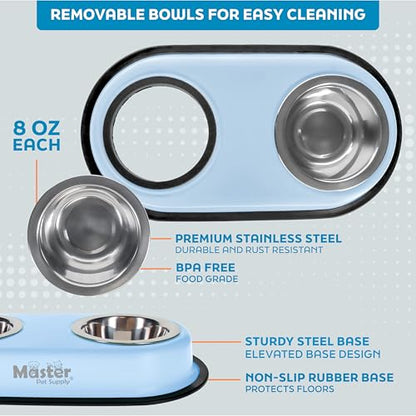 Master Pet Supply Double Dog Bowls Set with Elevated Base and 2 (8 oz) Stainless Steel Removable Dishes (Glacier Blue) – Double Cat Food Water Bowl, Dog Puppy Food Bowl Set, Rust Resistant - color: Glacier Blue