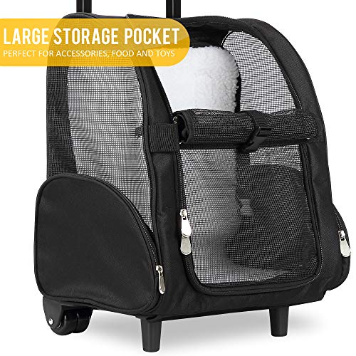 KOPEKS Deluxe Backpack Pet Travel Carrier with Double Wheels for Pets up to 18 Pounds - Black - color: Black, size: 17.5"L x 13.0"W x 20.0"H