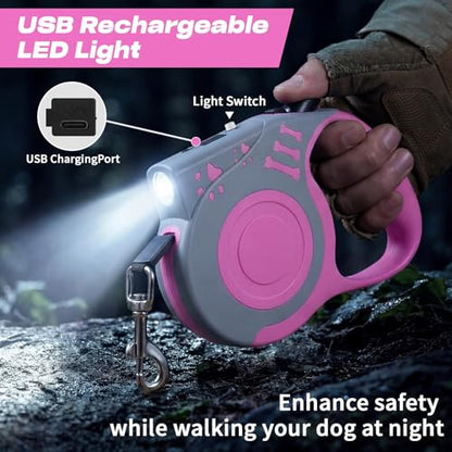 Retractable Dog Leash with USB Rechargeable Flashlight for Night Walks, 16FT Automatic Telescopic Tractor Dog Leash for Small and Medium Dogs, Pink - color: pink