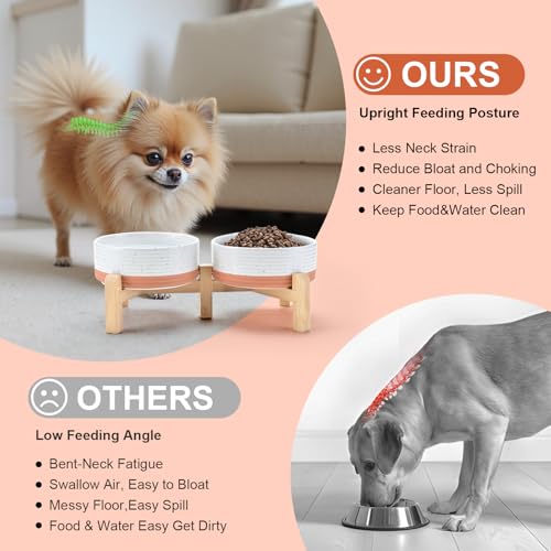 SPUNKYJUNKY Elevated Dog Bowls Ceramic, 5.1'' Dogs and Cat Food Water Bowls Raised with Non-Slip Bamboo Stand for Puppy Small Sized Breed Microwave Dishwasher Safe - 13.5 OZ,Pattern White - color: Pattern White, size: 5.1 in - 1.7 cups