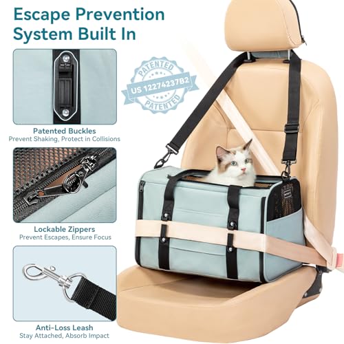 PETSFIT Soft-Sided Cat Carrier with Patented Safety Buckles, Lockable Zippers & Safety Tether,Escape-Resistant Travel Pet Carrier for Car Rides & Vet Visits, Airline Approved Under-Seat, Up to 12 lbs - color: Cyan blue, size: 18.0"L x 11.0"W x 11.0"H