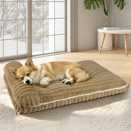 Comfort Dog Beds for Large Dogs,Dog Bed with Removable Washable Cover, Deluxe Plush Dogs Beds for Crate with Pillow, Anti-Slip Pet Mat Mattress for Kennel with Durable Zipper(Brown,L) - color: Brown, size: Large（35*23*3.5 in）