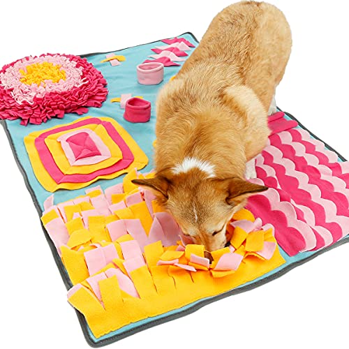 Pet Life ® 'Sniffer Snack' Multiple Treat Hiding and Engaging Pet Snuffle Mat Interactive Slow Feeding Dog Mat - color: Blue Pink and Orange