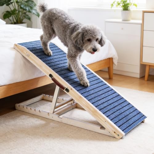 ZJSF Foldable Wooden Dog Ramp for High Bed, Dog Stairs for Small Dogs, High Traction Platform with 6 Adjustable Heights (14"-28"), 48" L, Supports up to 200 lbs - size: 48"L X 16.5"W