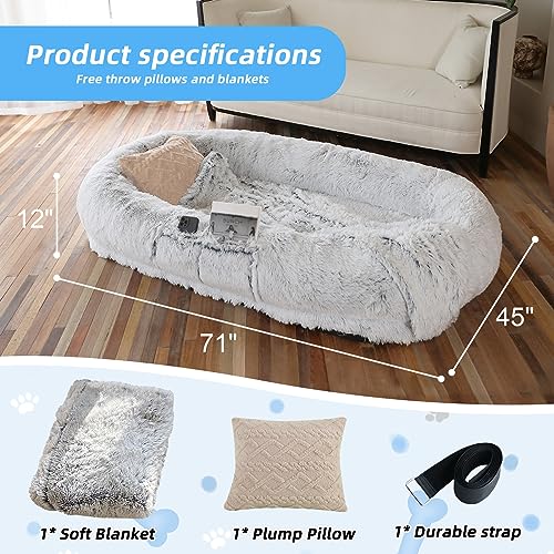 WROS Human Dog Bed - 71"x45"x12" Fits You & Pets, Washable Faux Fur, Orthopedic, Plump Pillow, Blanket, Strap - Grey - color: Grey