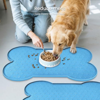 PWTAA Dog Food Mat Anti-Slip Silicone Dog Bowl Mat Thicker Pet Placemat Waterproof Cat Feeder Pad with Raised Edge Puppy Kitten Feeding Mats Suitable Small Medium-Sized Dogs Cats Eating Tray - 2PCS - color: Blue, size: 19.4" x 9.8"-2PCS
