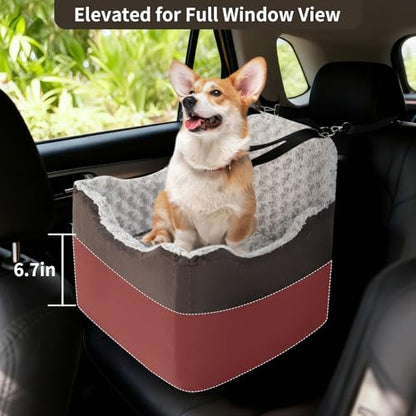 Dog Car Seat for Small Medium Dogs - 6.7inch Elevated Dog Booster Car Seats wih Soft Rose Velvet, Washable Travel Pet Carseat with 2 Safety Leashes and Storage Pockets(Grey/Black Coffee) - color: Black Coffee/Grey