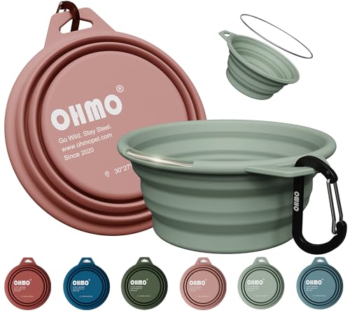 OHMO Collapsible Dog Water Bowls w/Built-in Stainless Steel Ring – 2pcs Small 12oz/400ml Portable Silicone Pet Feeding Bowl for Hiking, Camping, Travel - color: Coral&Sage Green, size: Steel 2x12oz