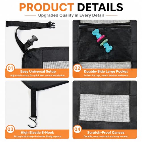 Dog Car Barrier, Dog Car Net Barrier, Heavy Duty Canvas Seat Divider with Belt Set, Double-Sided Organizer, Adjustable Pet Safety Kit, Precision Fit for SUV & Cars