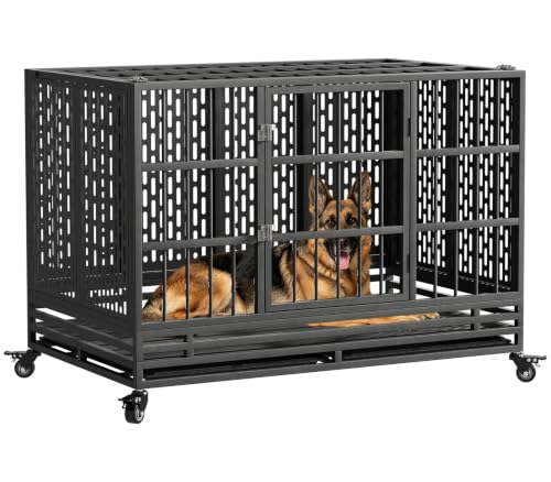 Snuowu 48 Inch Heavy Duty Dog Crate with Wheels, Folding Metal Big Dog Cage for Large and Medium Dogs, Extra Large XL XXL Indestructible Dog Crate with Removable Tray. - size: 48-Inch Black （Fold）