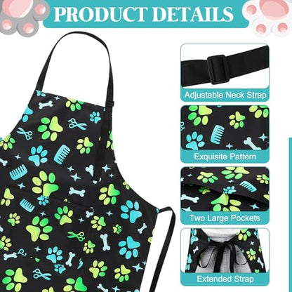 Dog Grooming Waterproof Apron with 2 Pockets, Cute Animals Puppy Dog Pets Apron - style: Gradient Green Dog Paw