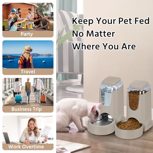 2 Pack Automatic Cat Feeder and Stainless Steel Water Dispenser, Gravity Dog Waterer Set Food Feeder and Waterer Set for Small Medium Kitten Puppy Pets(1 Gallon x 2, Brown) - color: 1 Gallon x 2 - Brown