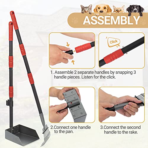 Heeyoo Dog Pooper Scooper, Dog Poop Tray and Rake Set, Pet Waste Removal Scoop with Long Adjustable Sectional Stainless Handles - color: Black/Red