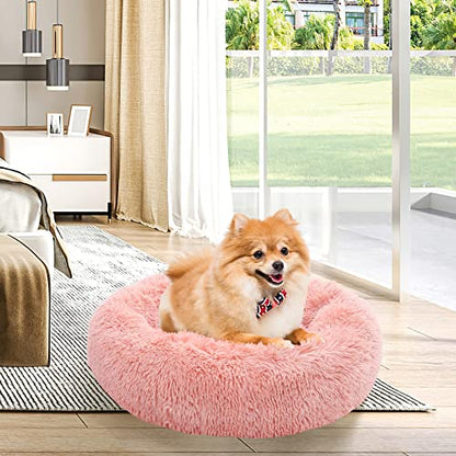 NOYAL Calming Donut Dog Bed for Small to Medium Dogs & Cats - Plush Faux Fur Anti-Anxiety Pet Bed with Machine Washable Cover & Non-Slip Base - color: Pink, size: Large 27.5''