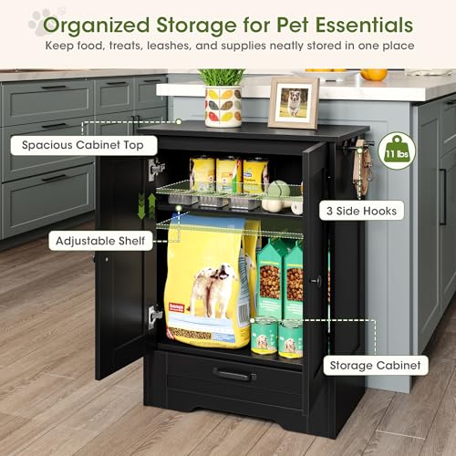 Dog Feeding Station with Storage Cabinet, Black Wood Dog Cabinet with 2 Elevated Stainless Steel Bowls, Hidden Pull-Out Feeder Drawer, Pet Feeding Station for Kitchen and Living Room - color: Black