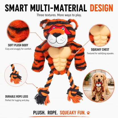 Tiger Rope & Plush Dog Toy with Squeaker, Interactive Tug Toy for Medium to Large Dogs, Multi-Texture Toy for Tug, Toss & Supervised Play - color: Tiger