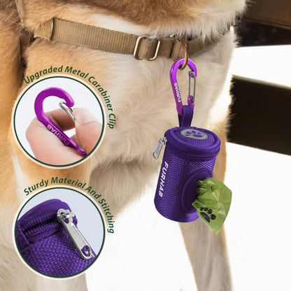 FURHAB Dog Poop Bag Holder for Leash Doggie Waste Bag Dispenser Soft Fabric Puppy Potty Carrier Small Doggy Zipper Pouch with Carabiner Clip 1680D Nylon Oxford with 1 Roll of Pet Trash Bags, Purple - color: Purple