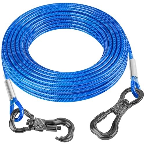 Tresbro 40FT Reflective Tie Out Cable for Dogs Up to 250 Pounds, Steel Wire Lead Leash Cable with Stainless Dual Fix Buckle, Lightweight and Enduring, Dog Chains for Outside, Yard, Camping, Blue - color: Blue, size: 250lbs 40FT 0.2IN