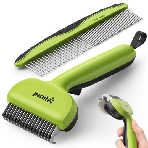 Pecute Self-Cleaning Undercoat Rake for Dogs Cats with Thick Double Coats | 1-click clean, 304SS, 18 rounded teeth, For seasonal heavy shedding & matting, Gentle on pets, Ideal for long/dense coats - color: Green