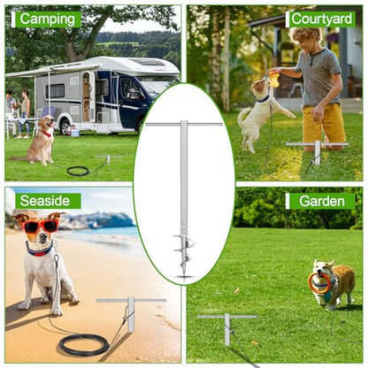 Dog Tie Out Stake for Large Dogs Supports Up to 220 lbs, Heavy-Duty 304 Stainless Steel Dog Anchor with 32FT Tangle-Free Cable for Yard, Camping, Outdoor | No Pull-Out, No Tools Needed