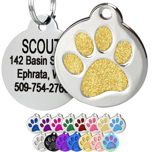 GoTags Paw Print Round Stainless Steel Pet Tag for Dogs and Cats, Personalized with 4 Lines of Custom Engraved ID Name and Number, in Stainless Steel and 15 Colors Small and Large, Glitter Gold - color: Glitter Gold, size: Small w/o Silencer