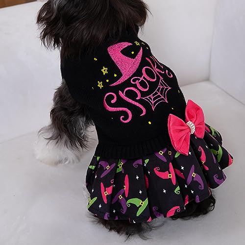 CuteBone Halloween Dog Sweater Dress Spooky Embroidery Turtleneck Puppy Sweater with Bowtie Leash Hole Pullover Winter Dress for Small Dogs - color: Halloween 3, size: Small