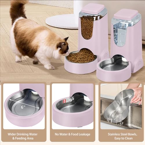2 Pack Automatic Cat Feeder and Stainless Steel Water Dispenser, Gravity Dog Waterer Set Food Feeder and Waterer Set for Small Medium Kitten Puppy Pets(1 Gallon x 2, Violet) - color: 1 Gallon x 2 - Violet