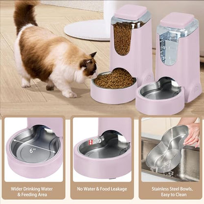2 Pack Automatic Cat Feeder and Stainless Steel Water Dispenser, Gravity Dog Waterer Set Food Feeder and Waterer Set for Small Medium Kitten Puppy Pets(1 Gallon x 2, Violet) - color: 1 Gallon x 2 - Violet