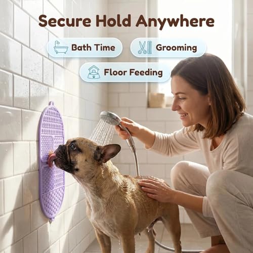 Foldable Dog Lick Mat, 142 Strong Suction Cups Silicone Slow Feeder Lick Pad with 6 Textured Zones, Anxiety Relief Mat for Bath Grooming, BPA Free for Dogs & Cats (Purple, 17.32 x 7.87in)