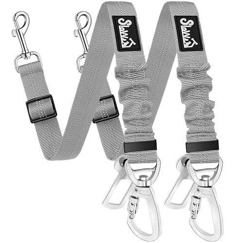 SlowTon Dog Seatbelt, 2 Pack Dog Seat Belt Car Leash Adjustable Elastic Bungee Buffer Heavy Duty Nylon Reflective Pet Safety Tether Connect to Dog Harness for Travel Riding in Vehicle (Daul Clip, GY) - color: Grey