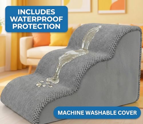PAWZY Dog Stairs for Medium-Height Beds & Couches, 3-Step Foam Pet Steps 15.5” High for Small Dogs & Cats up to 60 lbs, Wide Non-Slip, Waterproof Washable Zipper Cover, No Assembly, Grey - size: 3 Step