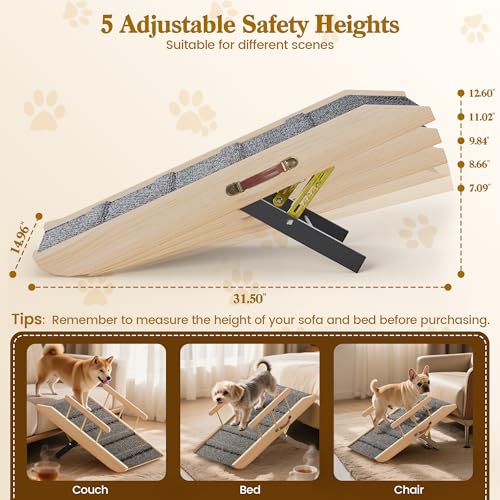 Small Dog Ramp for Bed Couch, Pet Ramp for Small Old Dogs Cats with 5 Adjustable Heights from 7.09" to 12.60", Portable Non-Slip Dog Ramp for High Bed, Couch, Hold up to 100 LBS - size: 31.50 Inch