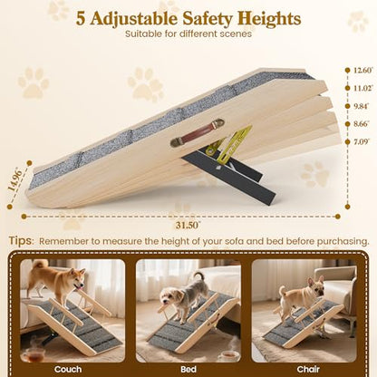 Small Dog Ramp for Bed Couch, Pet Ramp for Small Old Dogs Cats with 5 Adjustable Heights from 7.09" to 12.60", Portable Non-Slip Dog Ramp for High Bed, Couch, Hold up to 100 LBS - size: 31.50 Inch